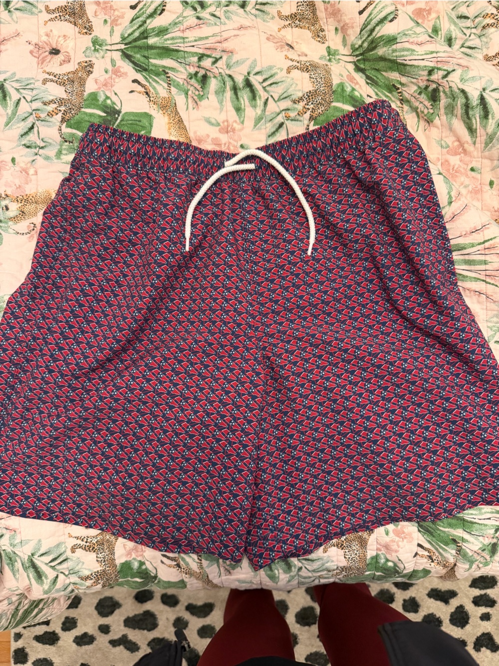 Magellan Outdoors Men's Swim Trunks in Navy and Red Micro-Print